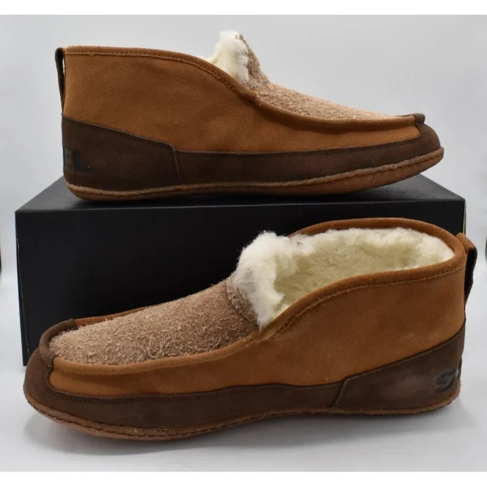 Sorel Mens Size 13 Manawan II Suede Elk‎ Brown Faux Fur Moc Slippers Shoes